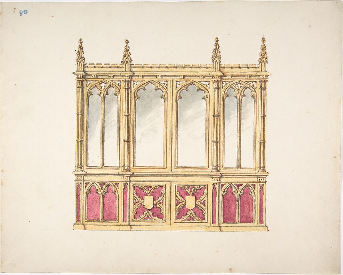 Design for Gothic Tracery and Paneling, Anonymous, British, 19th century, Pen and ink, brush and wash, watercolor 