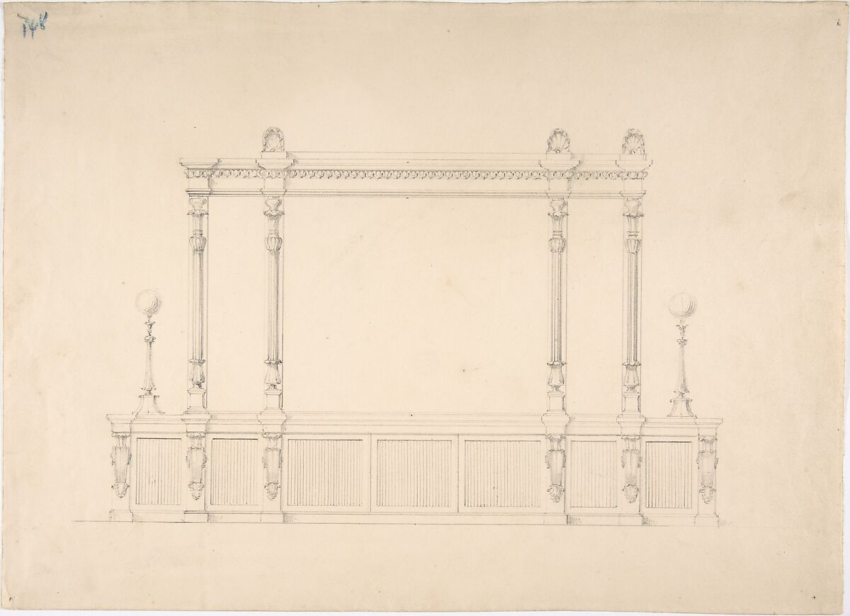 Design for a Very Large Cabinet, with Renaissance Ornament and Lamps, Anonymous, British, 19th century, Graphite 