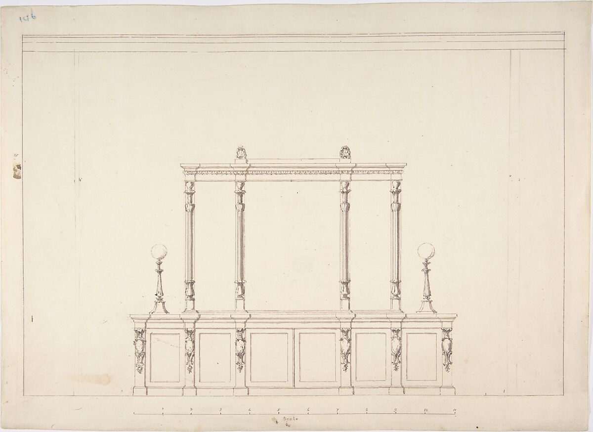 Design for a Cabinet with Renaissance Ornament and Lamps, Anonymous, British, 19th century, Pen and ink, brush and wash 