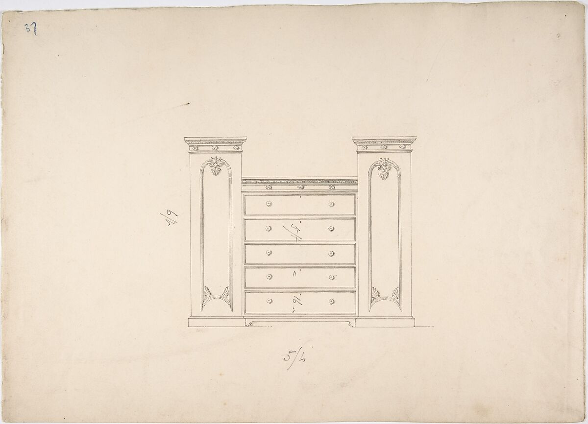 Design for a Cabinet with Central Drawers and Palmeate Ornament, Anonymous, British, 19th century, Pen and ink 