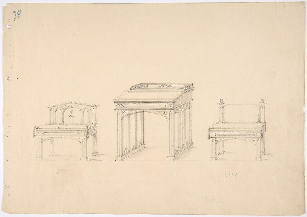 Design for a Gothic Desk and Two Low Chairs, Anonymous, British, 19th century, Graphite 