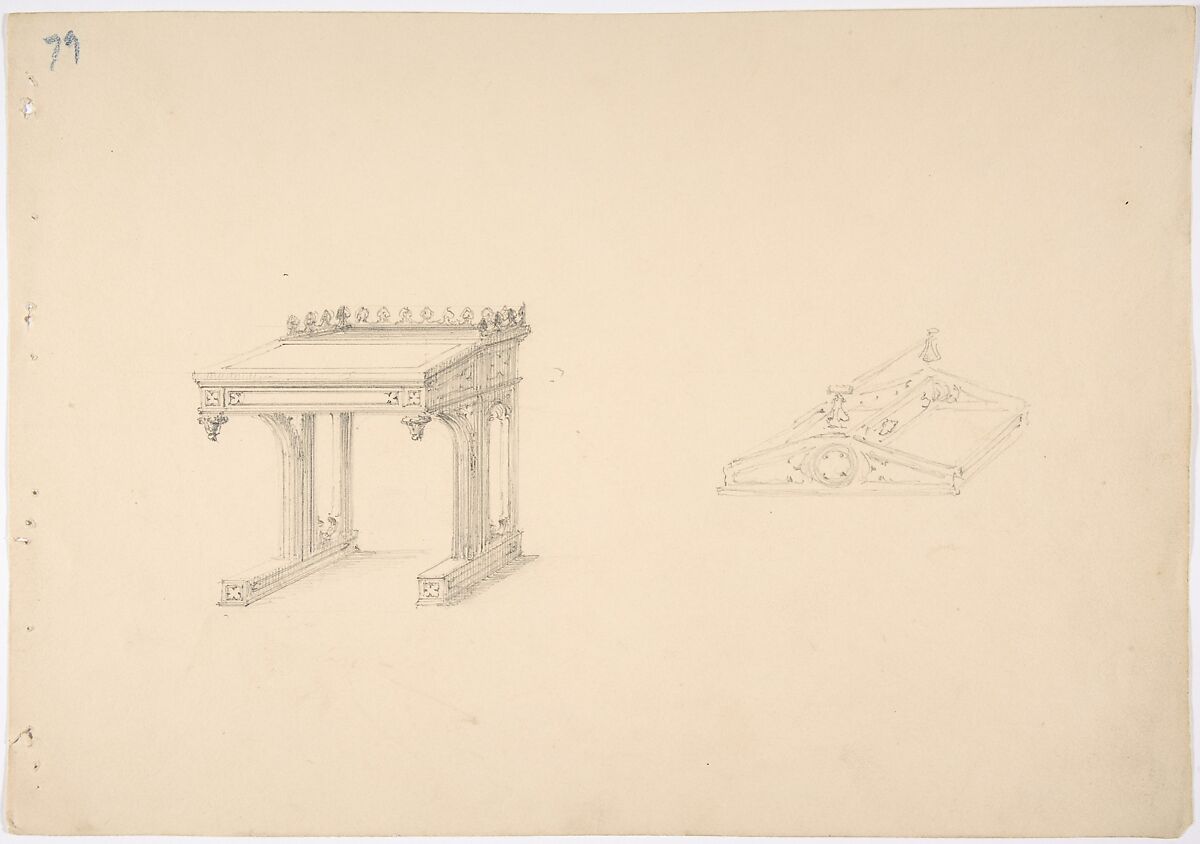 Design for a Gothic Desk and Tray, Anonymous, British, 19th century, Graphite