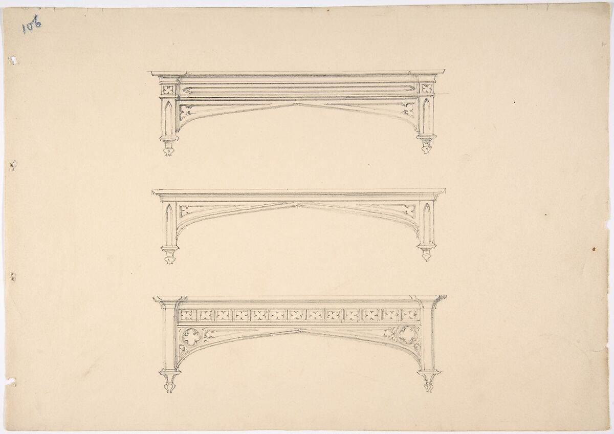 Design for Three Gothic Pediments, Anonymous, British, 19th century, Graphite 