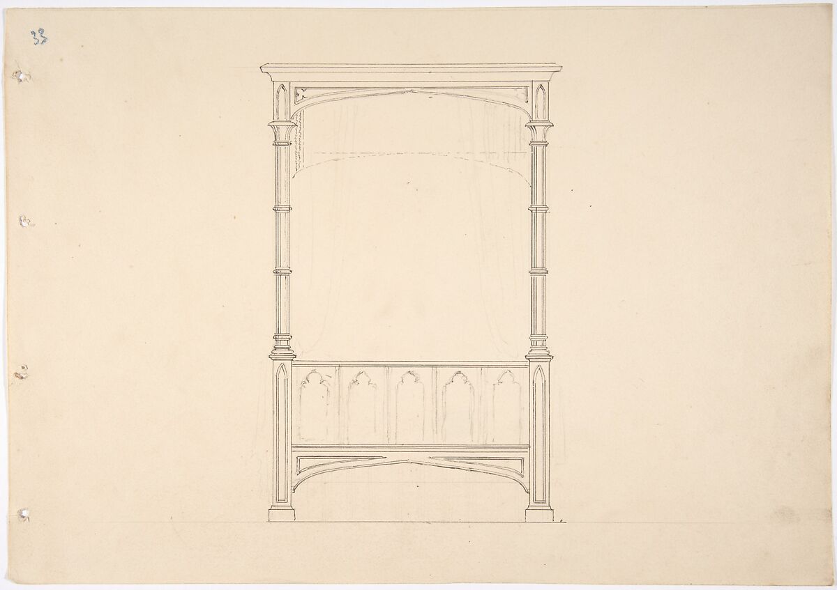 Design for a Gothic Bed, Anonymous, British, 19th century, Graphite and pen and ink 