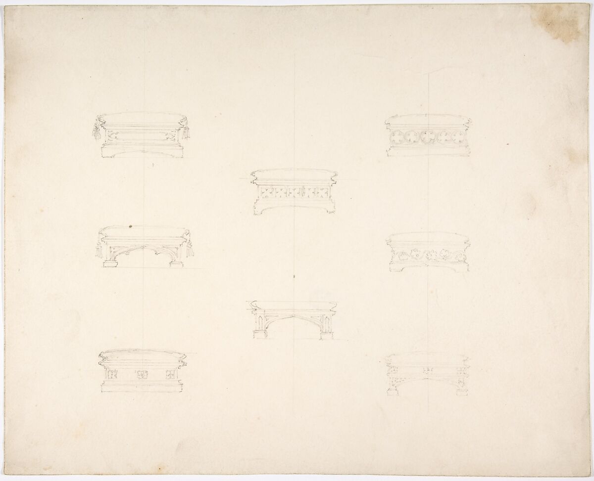Design for Eight Gothic Footstools, Anonymous, British, 19th century, Graphite 