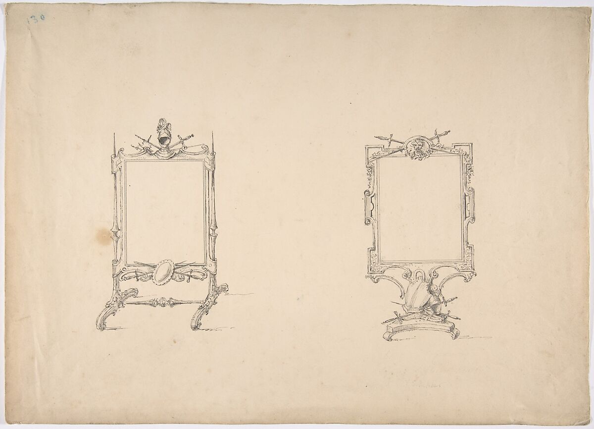 Design for Two Tabletop Mirrors with Military Ornament, Anonymous, British, 19th century, Pen and ink 