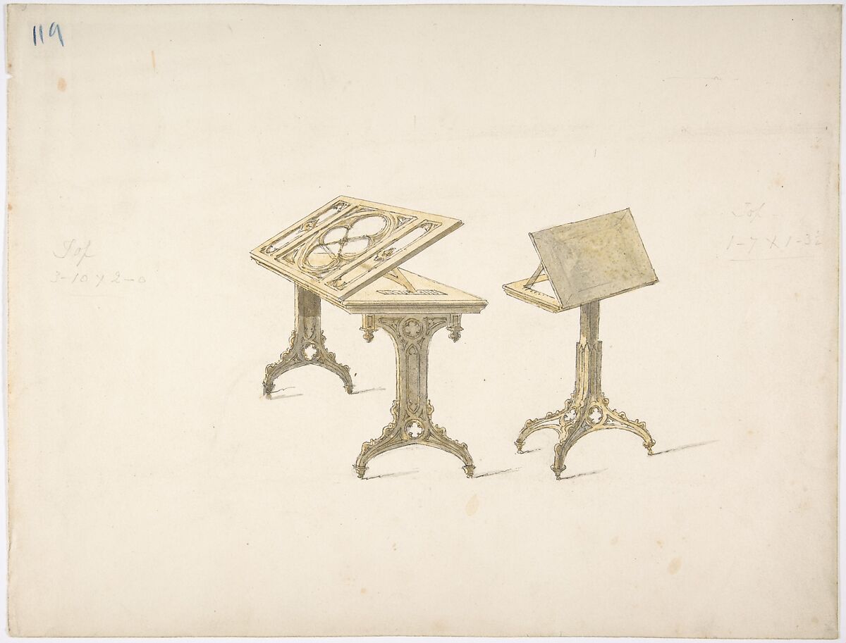 Design for Two Bookstands on Casters, Anonymous, British, 19th century, Pen and ink, brush and wash, watercolor 