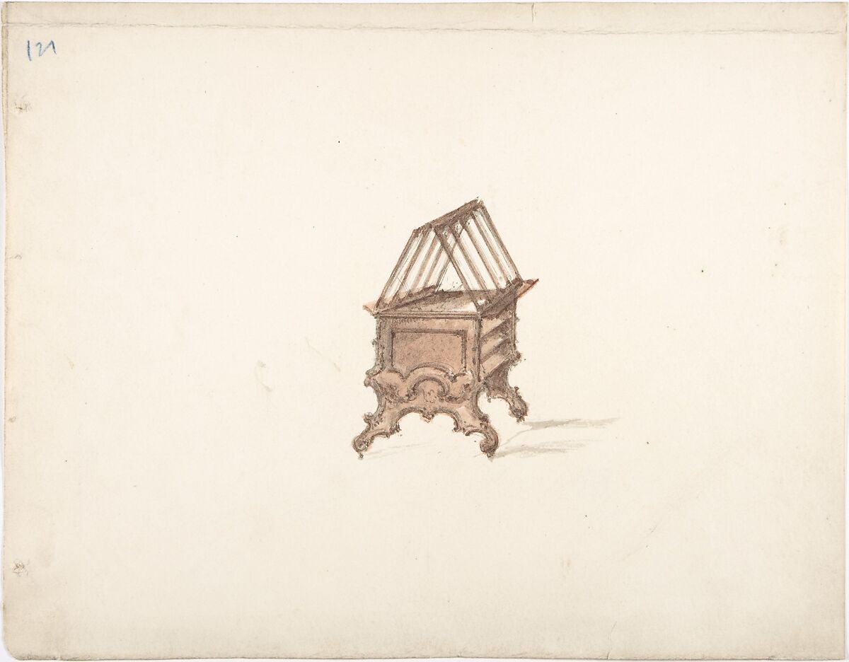 Design for a Two-sided Bookstand with Shelves (Verso: sketch), Anonymous, British, 19th century, Pen and ink, brush and wash, watercolor