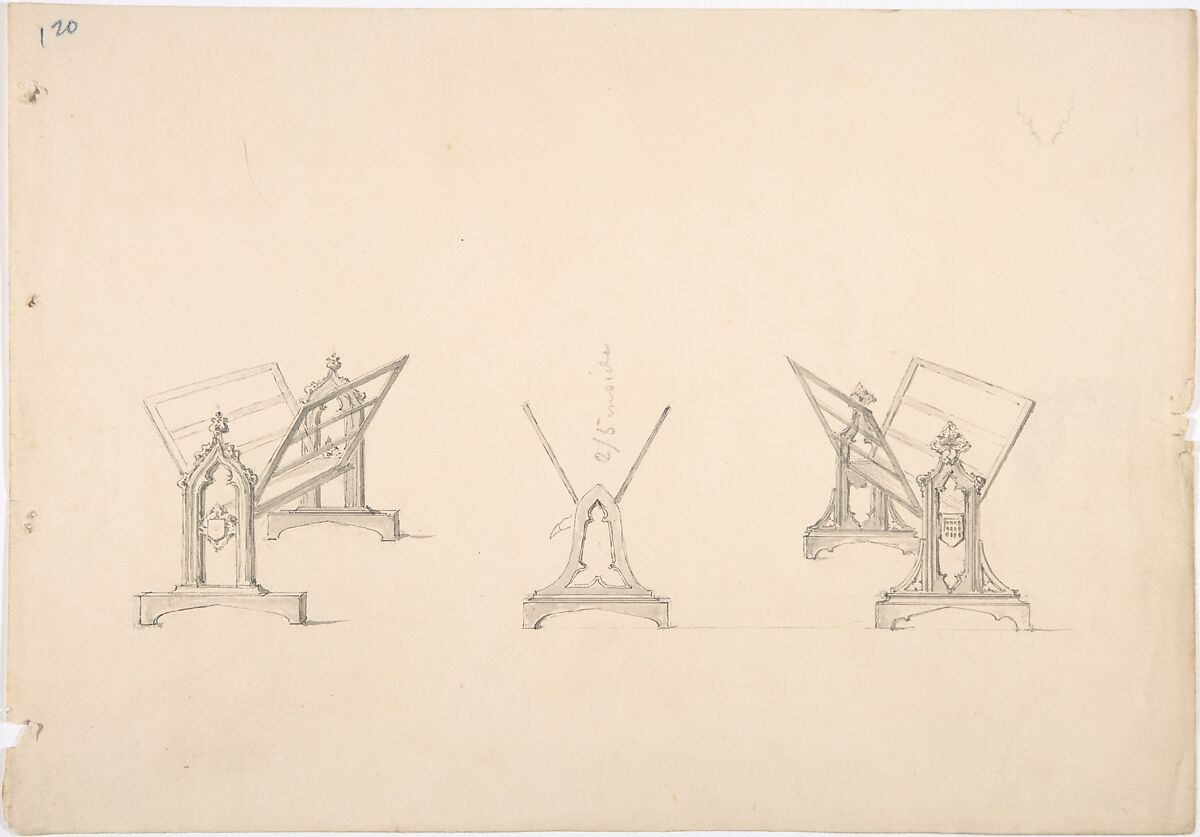 Design for Three Gothic Style Book Stands, Anonymous, British, 19th century, Graphite 