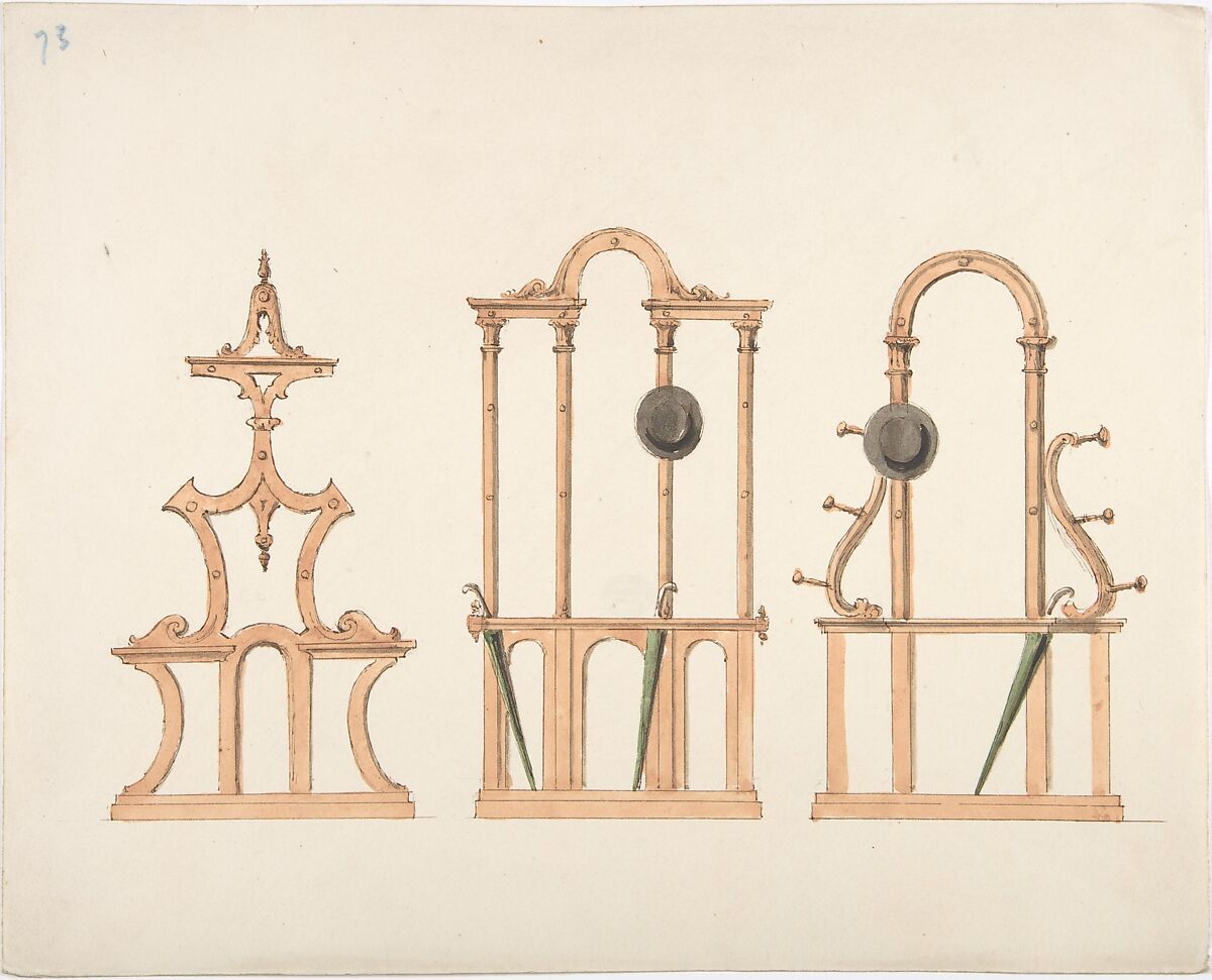 Design for Three Hat and Umbrella Stands, Anonymous, British, 19th century, Pen and ink, watercolor 
