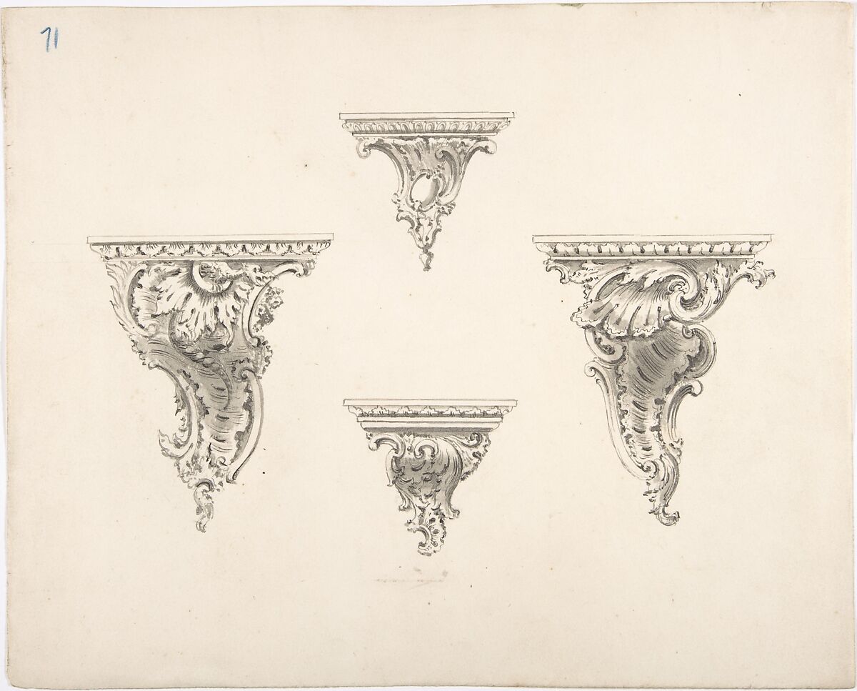 Design for Four Brackets with Foliate and Rocaille Ornament, Anonymous, British, 19th century, Pen and ink, brush and wash 