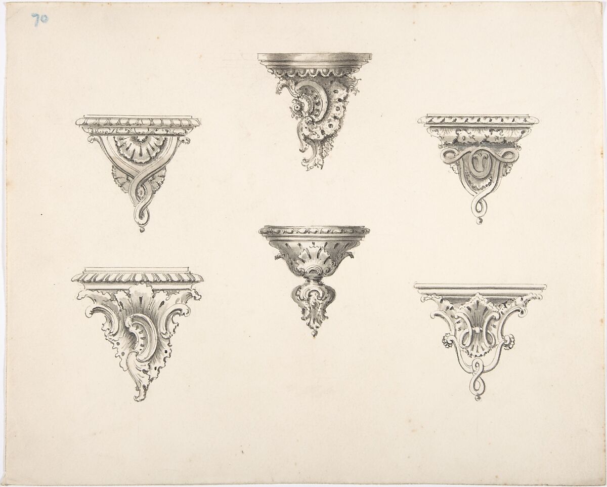Design for Six Brackets with Rocaille Ornament and Strapwork, Anonymous, British, 19th century, Pen and ink, brush and wash 