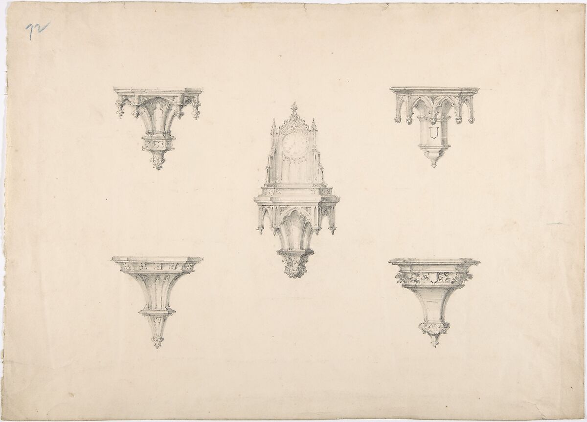 Design for Five Medieval Brackets, the Central One Bearing a Clock, Anonymous, British, 19th century, Graphite 