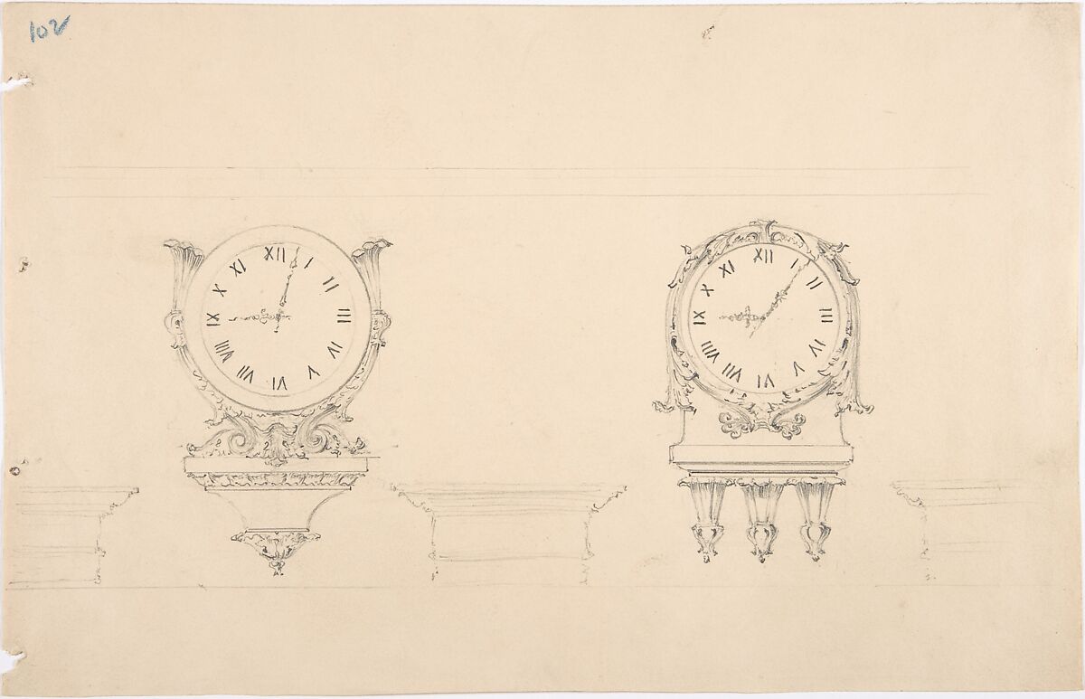 Design for Two Clocks and Three Brackets, Anonymous, British, 19th century, Graphite and pen and ink 