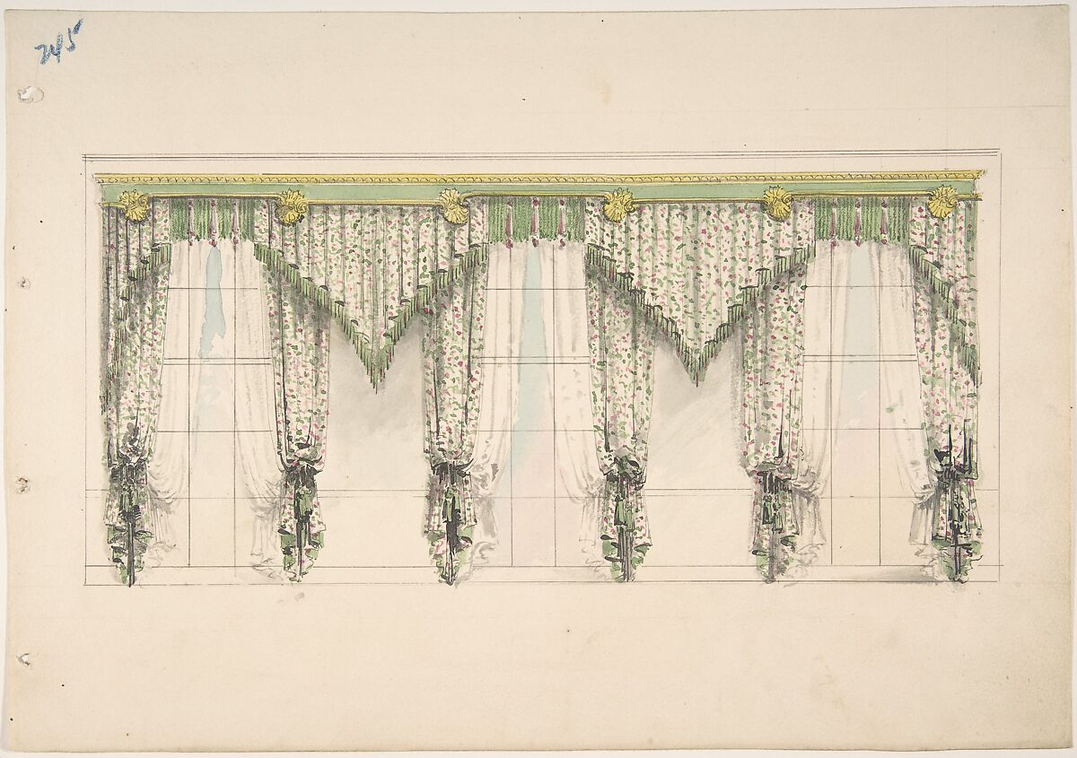 Design for Curtains with Pink, Green and White Floral Fabric and Pink and Green Fringes, Anonymous, British, 19th century, Pen and ink, brush and wash, watercolor 