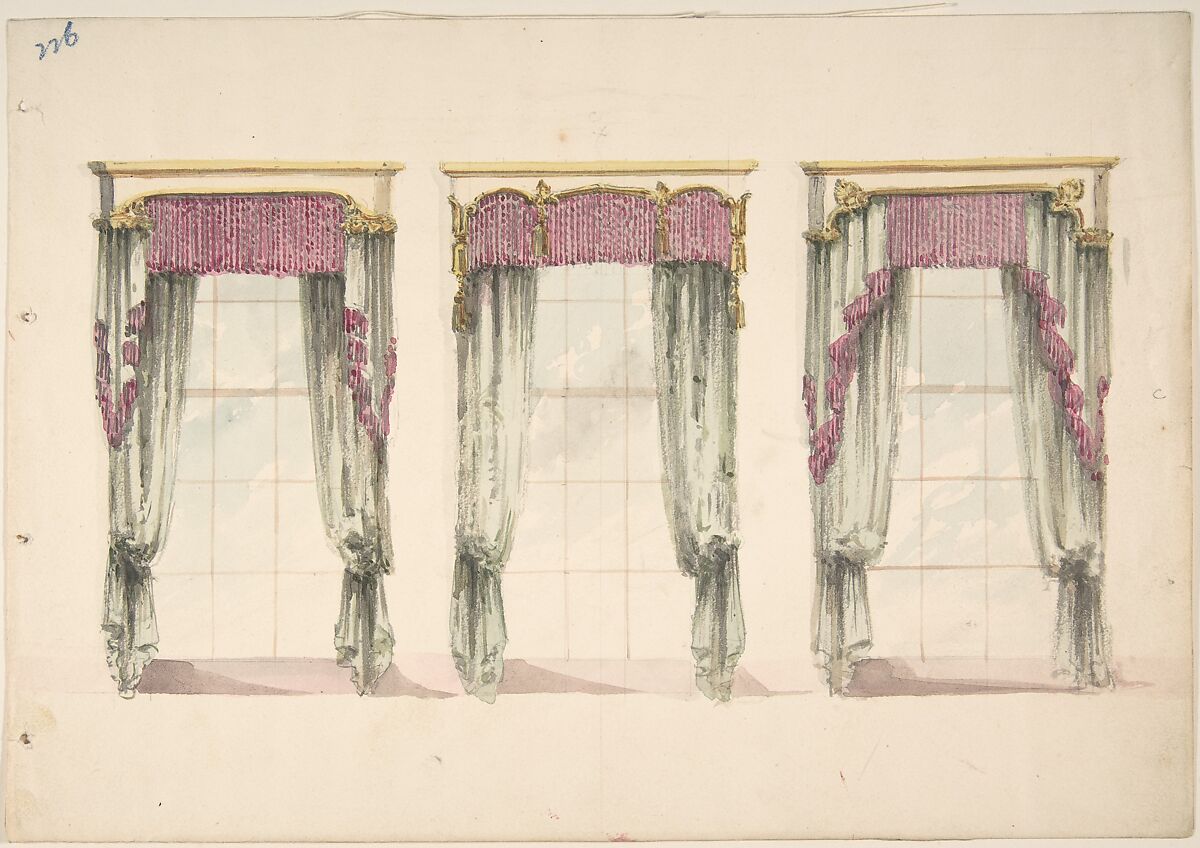 Design for Gray Curtains with Pink Fringes, and White and Gold Pediments, Anonymous, British, 19th century, Pen and ink, brush and wash, watercolor 