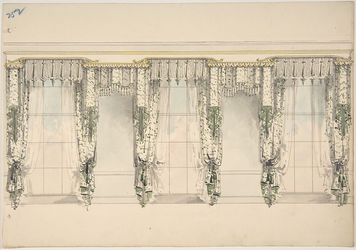 Design for Green and White Curtains with Green Fringes, and White and Gold Pediments, Anonymous, British, 19th century, Pen and ink, brush and wash, watercolor 