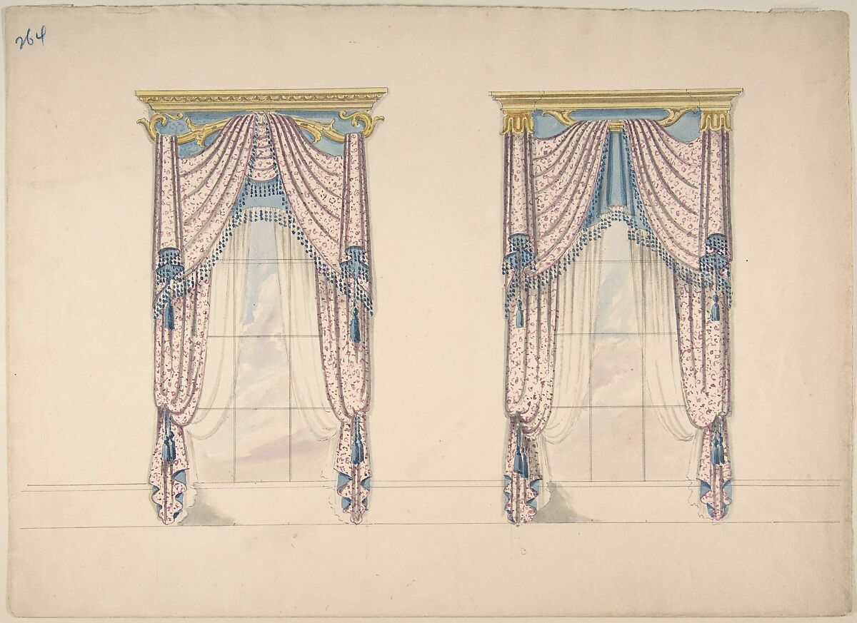 Design for Pink, White and Blue Curtains with Blue Fringes, and Gold and Blue Pediments, Anonymous, British, 19th century, Pen and ink, brush and wash, watercolor 