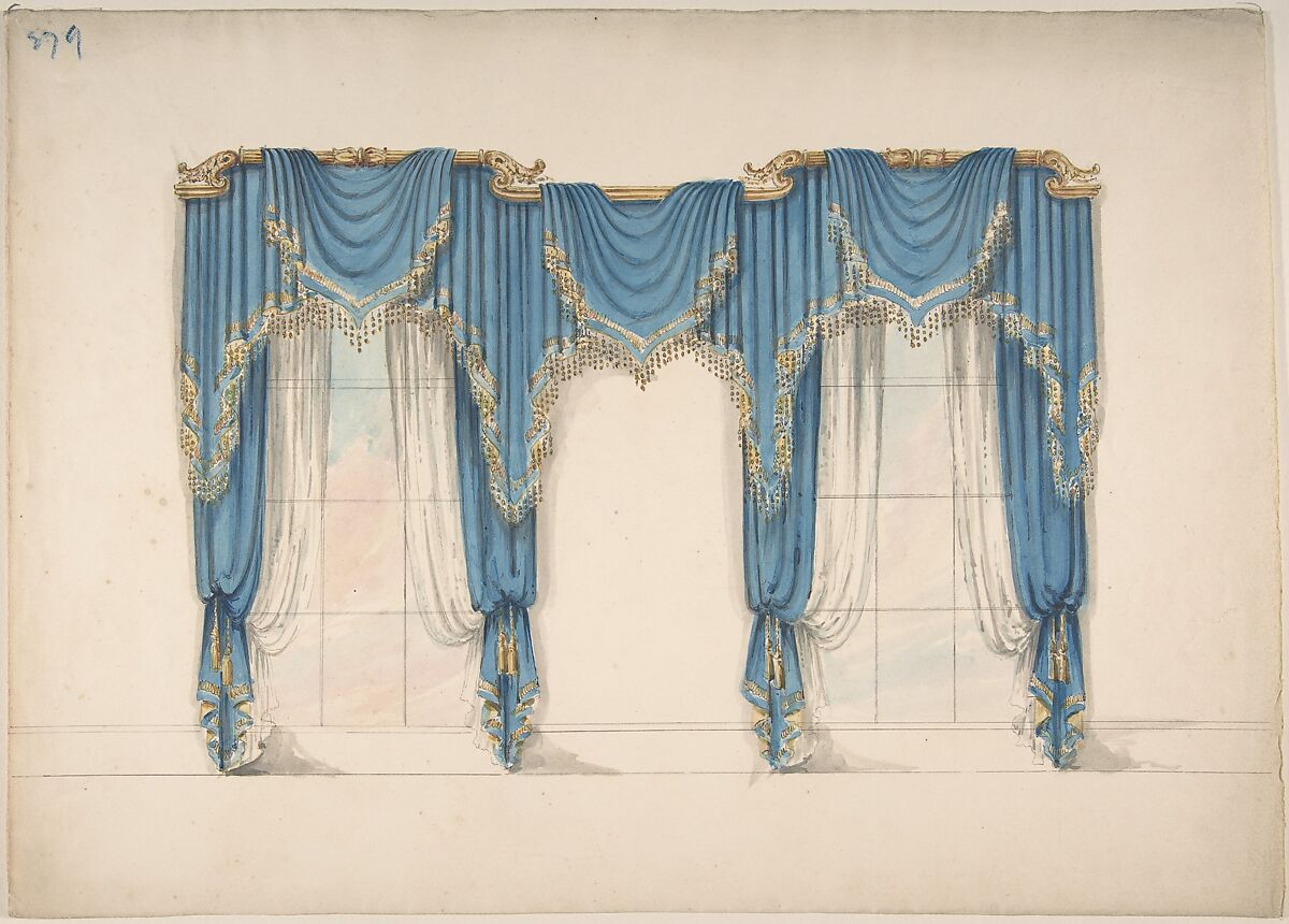 Design for Blue Curtains with Gold Fringes and Pediments, Anonymous, British, 19th century, Pen and ink, brush and wash, watercolor 