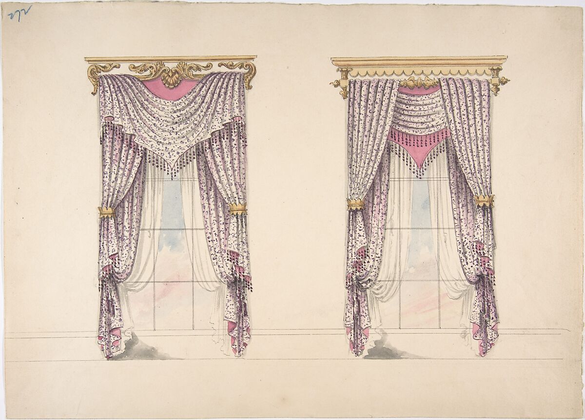 Design for Curtains with Purple, White and Mink Fabric, Purple Fringes and Gold and White Pediments, Anonymous, British, 19th century, Pen and ink, brush and wash, watercolor, over graphite 