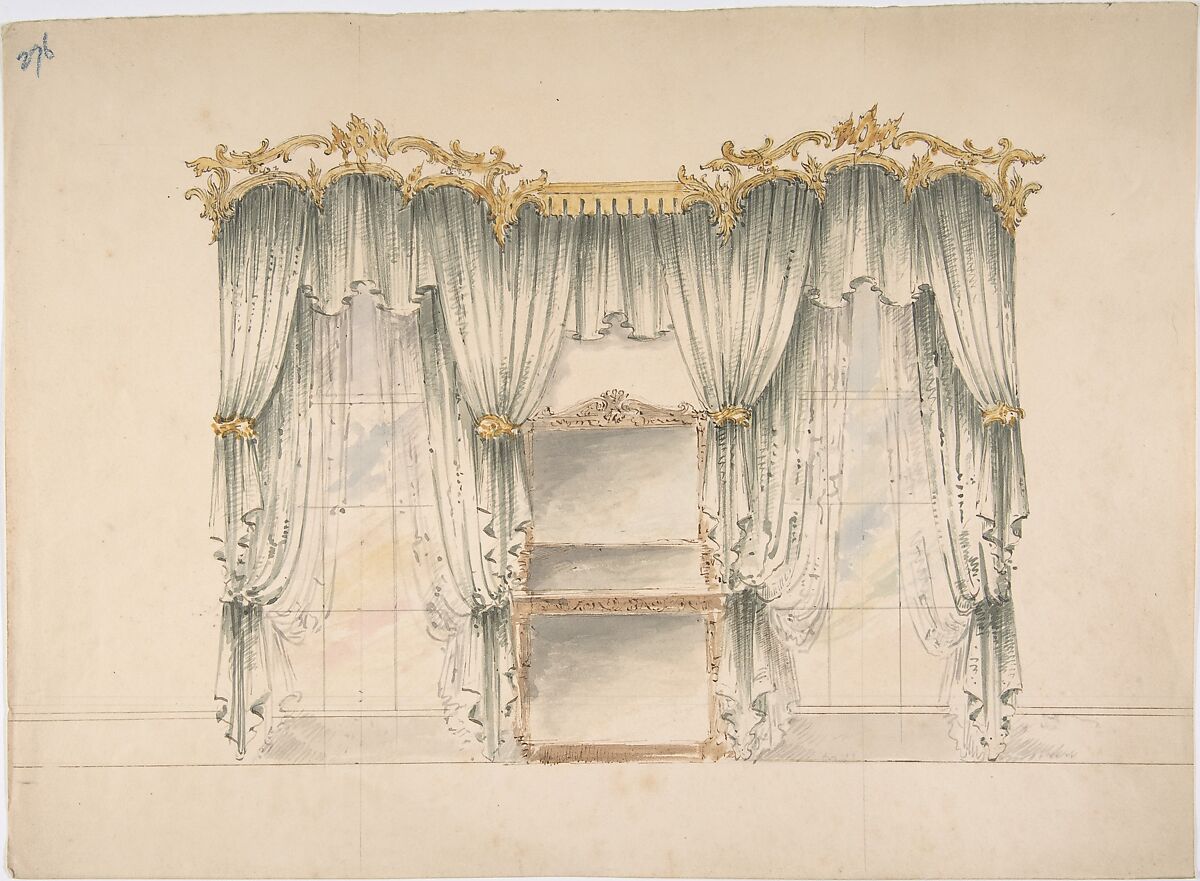Design for White Curtains with Gold Pendiment and Tie-backs, Anonymous, British, 19th century, Pen and ink, brush and wash, watercolor 