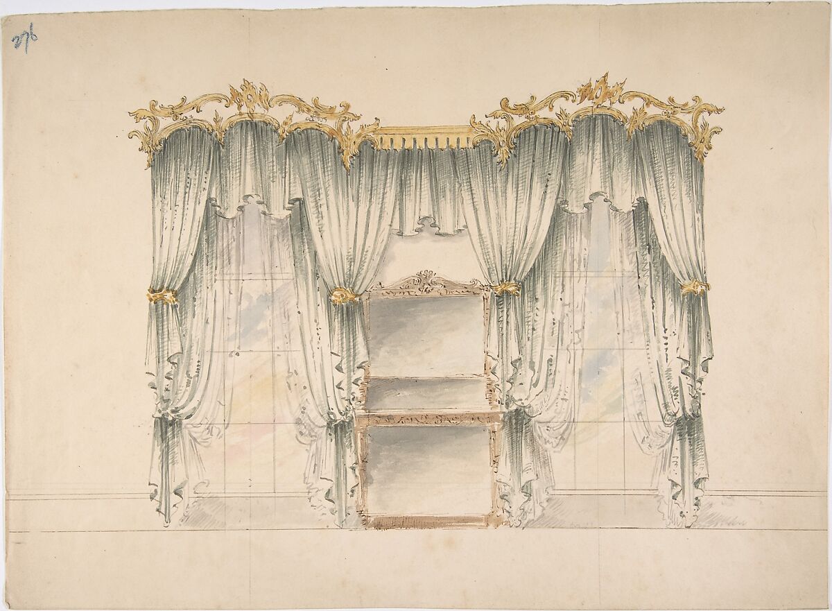 Design for White Curtains with Gold Pendiment and Tie-backs, Anonymous, British, 19th century, Pen and ink, brush and wash, watercolor