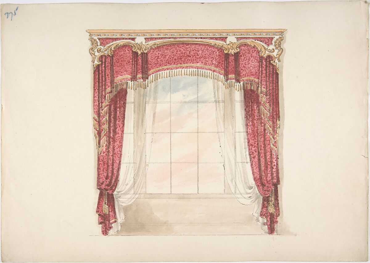 Design for Red Curtains with Gold Fringes and Gold and White Pediment, Anonymous, British, 19th century, Pen and ink, brush and wash, watercolor 