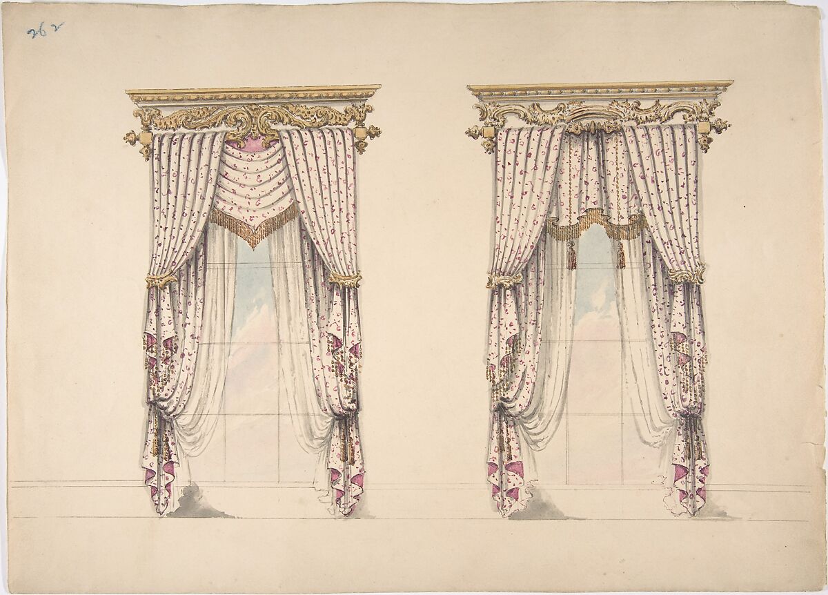 Design for Pink and White Curtains with Gold Fringes, and Gold and White, Anonymous, British, 19th century, Pen and ink, brush and wash, watercolor