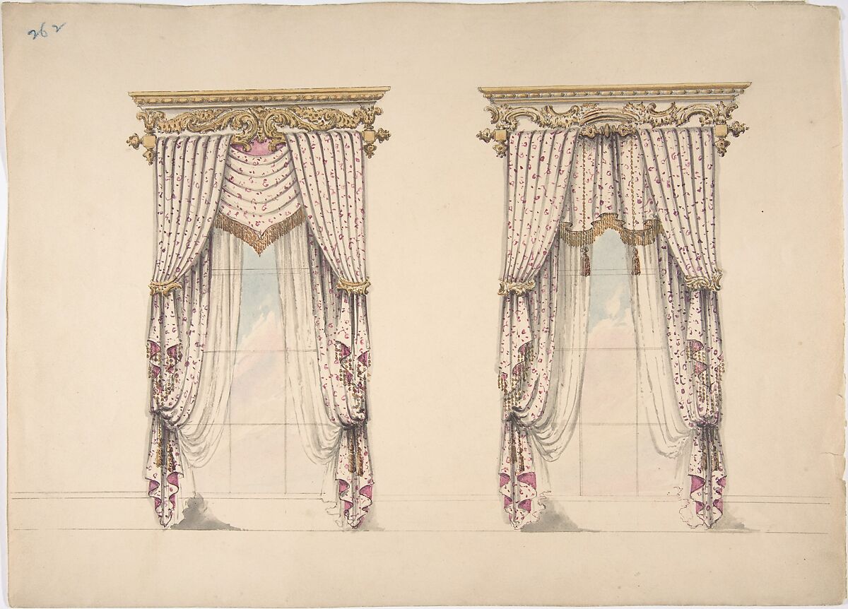 Design for Pink and White Curtains with Gold Fringes, and Gold and White, Anonymous, British, 19th century, Pen and ink, brush and wash, watercolor 