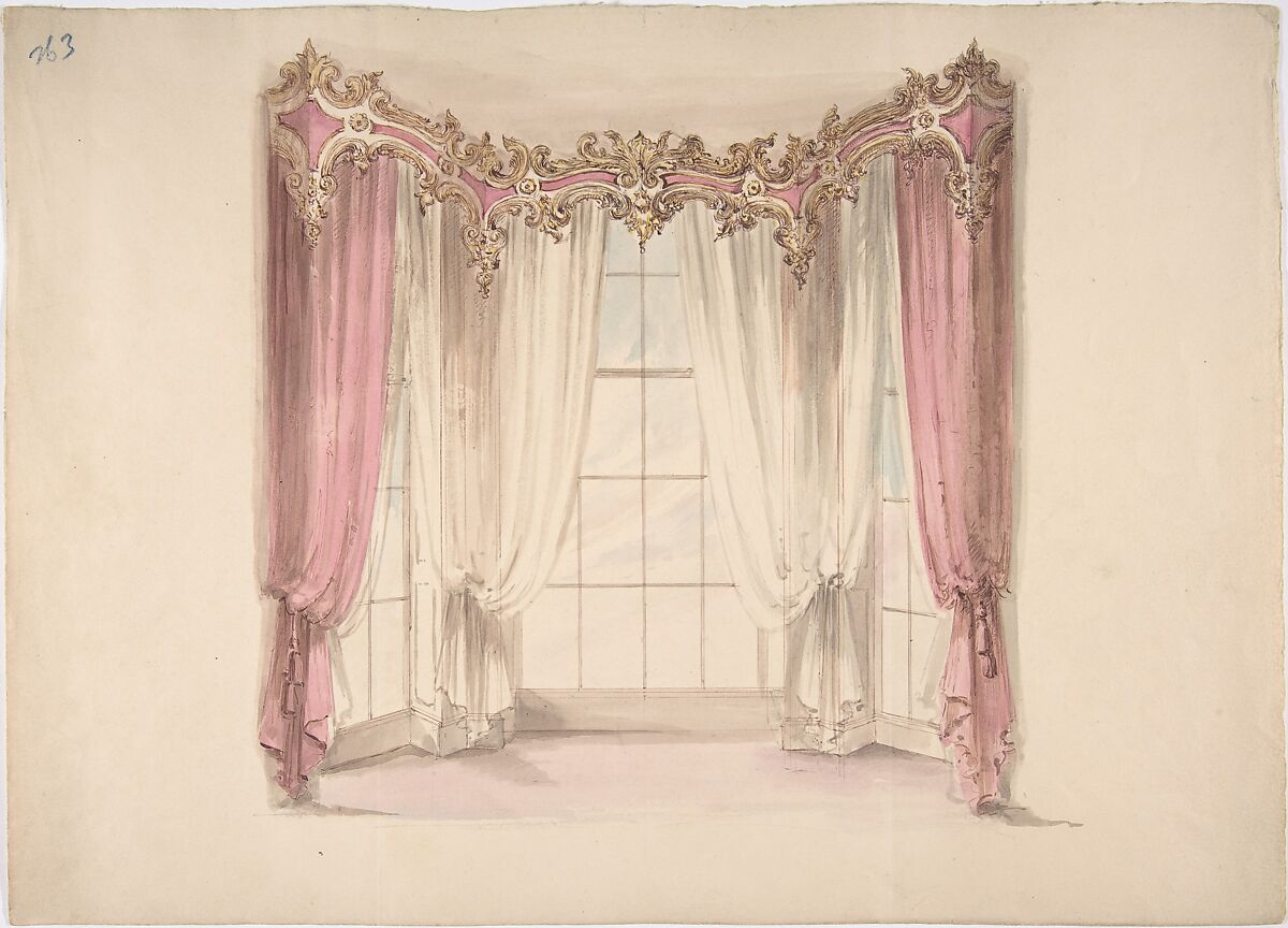 Design for Pink Curtains and White Inner Curtains, with a Gold, White and Pink Pediment, Anonymous, British, 19th century, Pen and ink, brush and wash, watercolor 