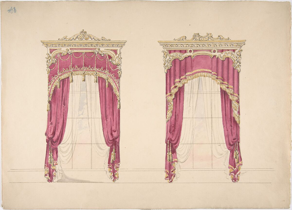 Design for Red Curtains with Gold Fringes and a Gold and White Pediment, Anonymous, British, 19th century, Pen and ink, brush and wash, watercolor 