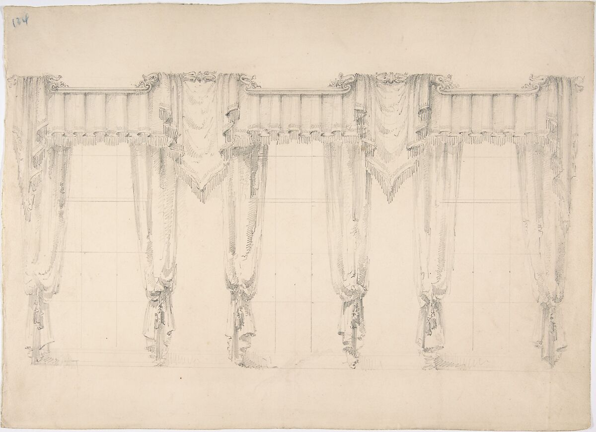 Design for Fringed Curtains Surrounding Three Windows, Anonymous, British, 19th century, Graphite 