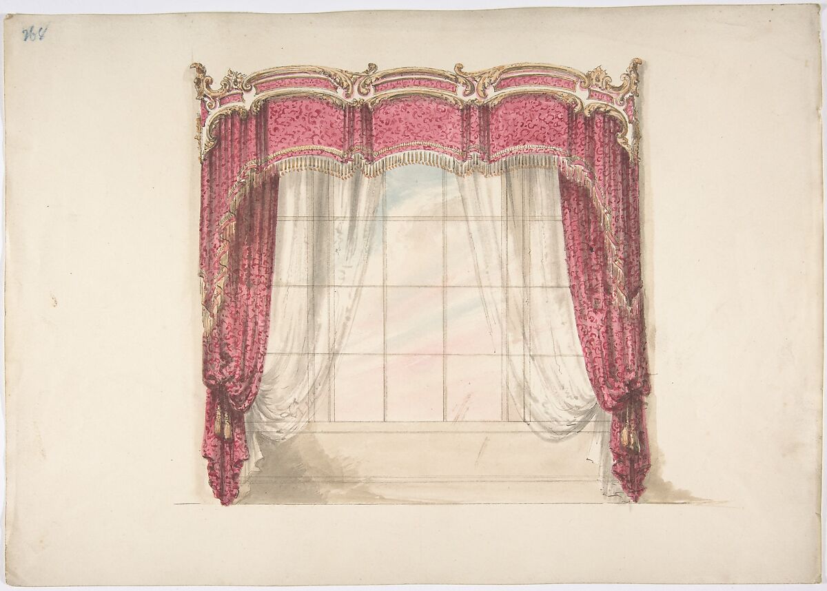 Design for Red Curtains with Gold Fringes and a Gold, Red and White Pediment, Anonymous, British, 19th century, Pen and ink, brush and wash, watercolor 