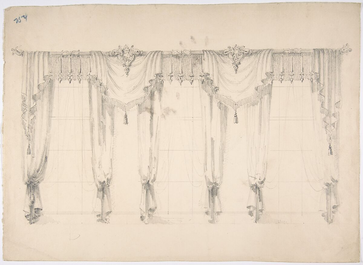 Design for Fringed Curtains Surrounding Three Windows, Anonymous, British, 19th century, Graphite 