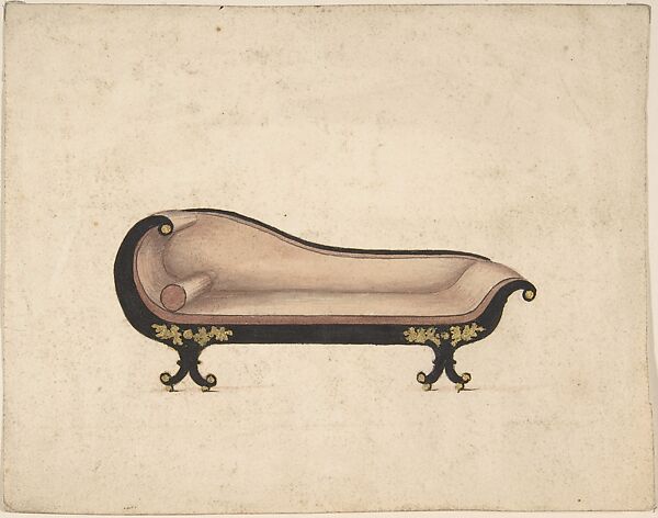 Design for a Sofa on Casters, Attributed to Gillows (British, 19th century), Pen and ink, gouache (bodycolor) 