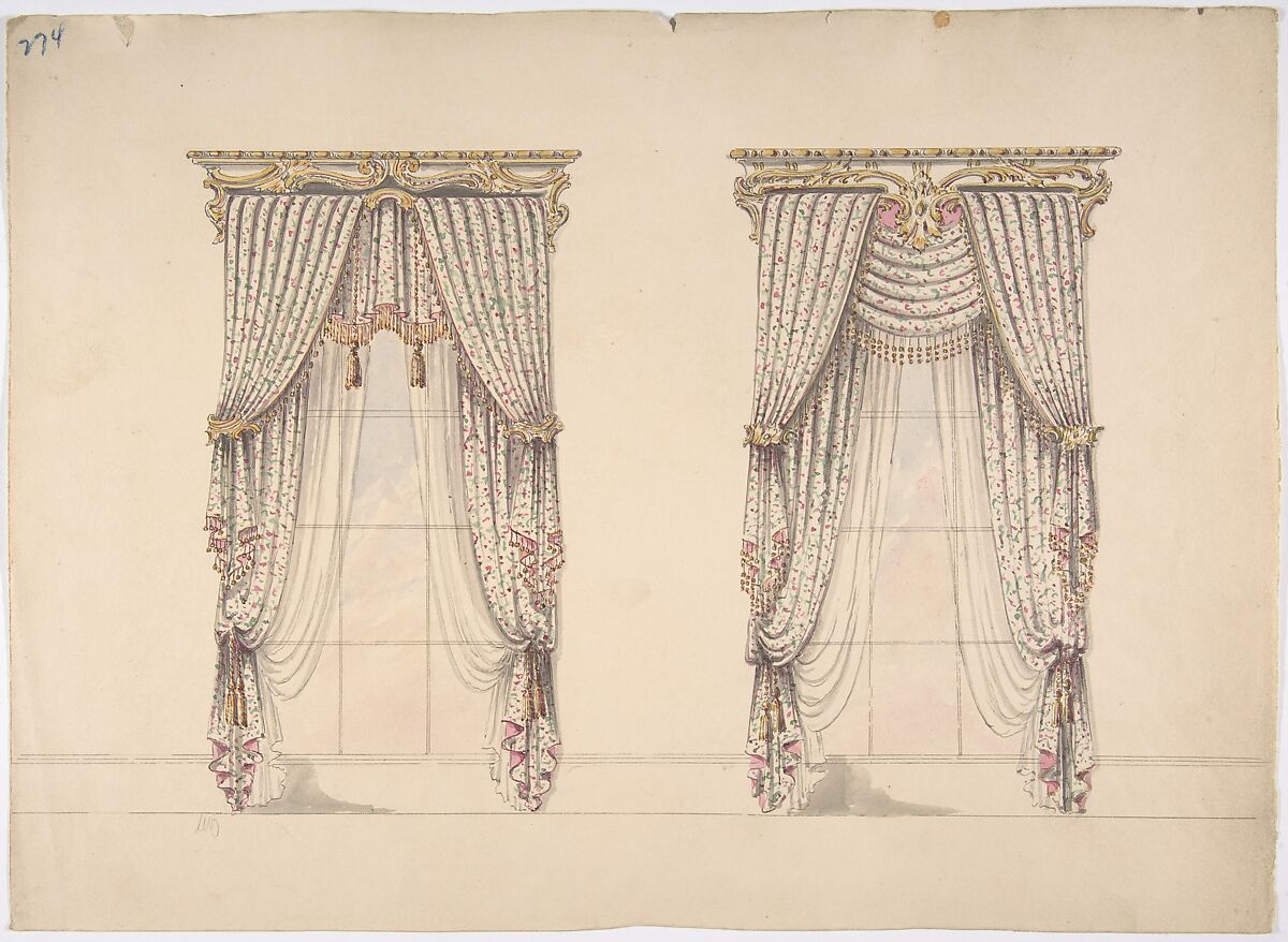 Design for Pink, Green and White Curtains with Pink and Gold Fringes and a Gold and White Pediment, Anonymous, British, 19th century, Pen and ink, brush and wash, watercolor 