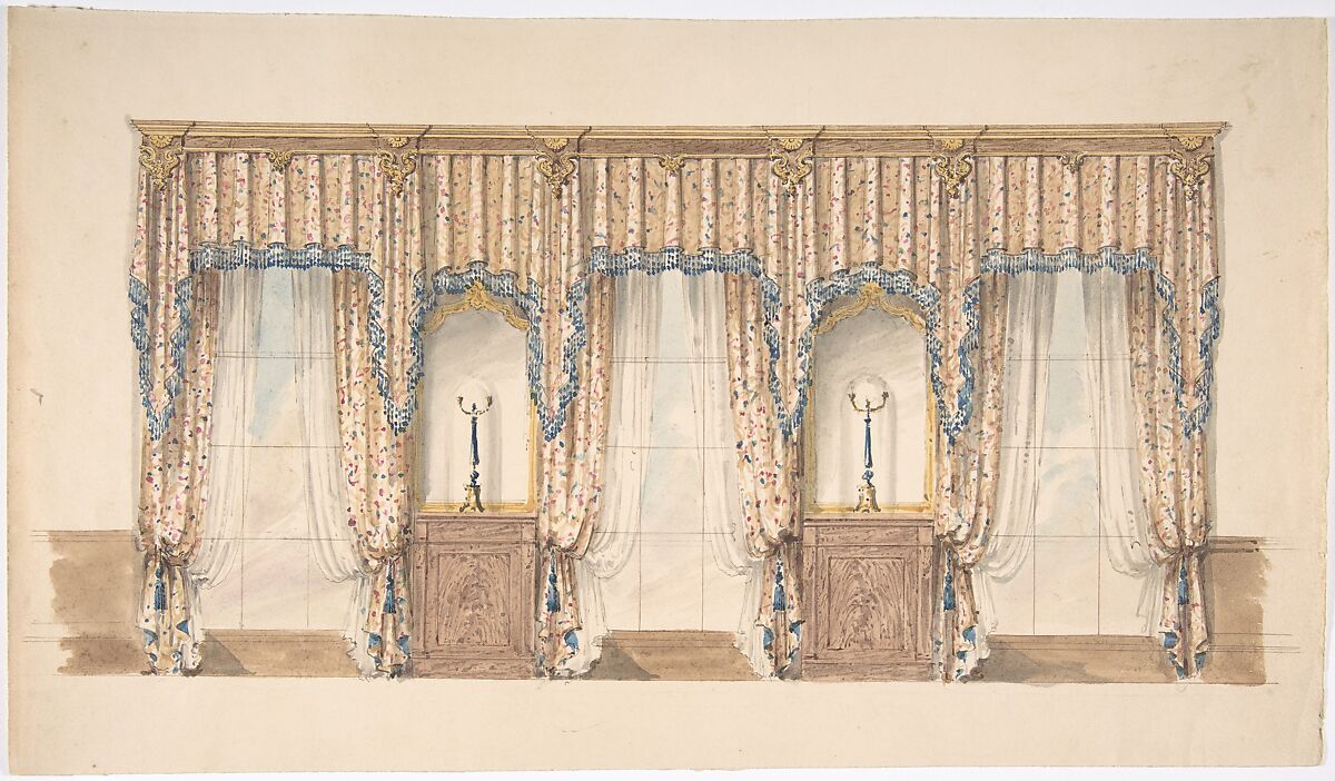 Design for Pink, Gold, Blue and White Curtains with Blue Fringes and a Gold and Wood Pediment, Anonymous, British, 19th century, Pen and ink, brush and wash, watercolor 