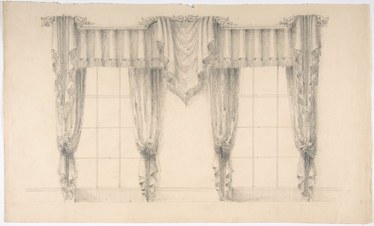 Design for Fringed Curtains Surrounding Two WIndows, Anonymous, British, 19th century, Graphite 