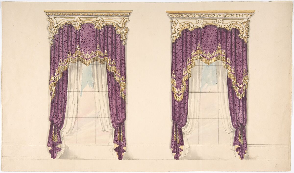 Design for Purple Curtains with Gold Fringes and a Gold and White Pediment, Anonymous, British, 19th century, Pen and ink, brush and wash, watercolor 