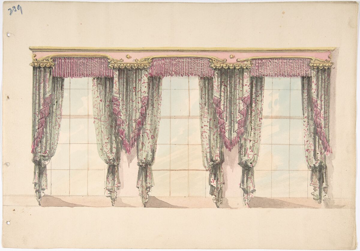 Design for Gray and Pink Curtains with Pink Fringes and a PInk and Gold Pediment, Anonymous, British, 19th century, Pen and ink, brush and wash, watercolor 