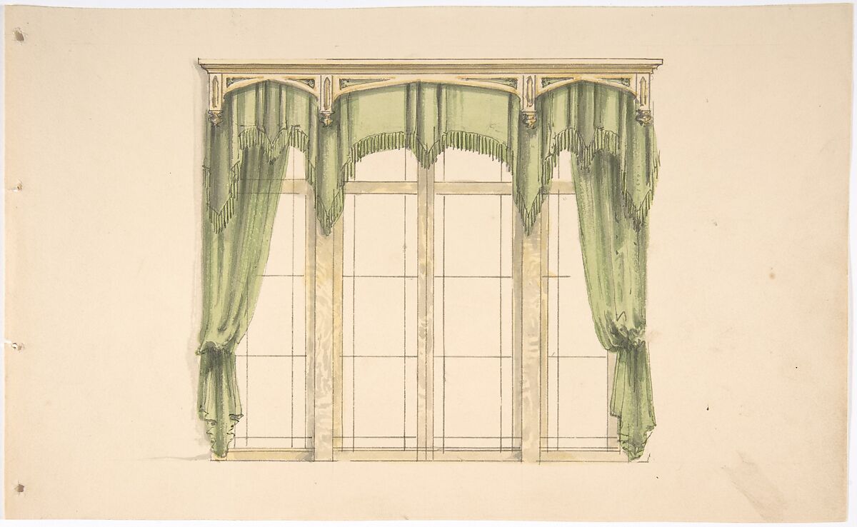 Design for Green Curtains with Green Fringes and a Gold Pediment, Anonymous, British, 19th century, Pen and ink, brush and wash, watercolor 