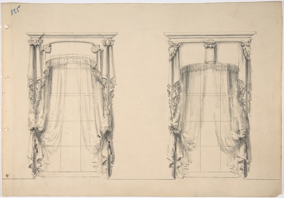 Design for Fringed Curtains Hanging at Two Windows, Anonymous, British, 19th century, Pen and ink, brush and wash 