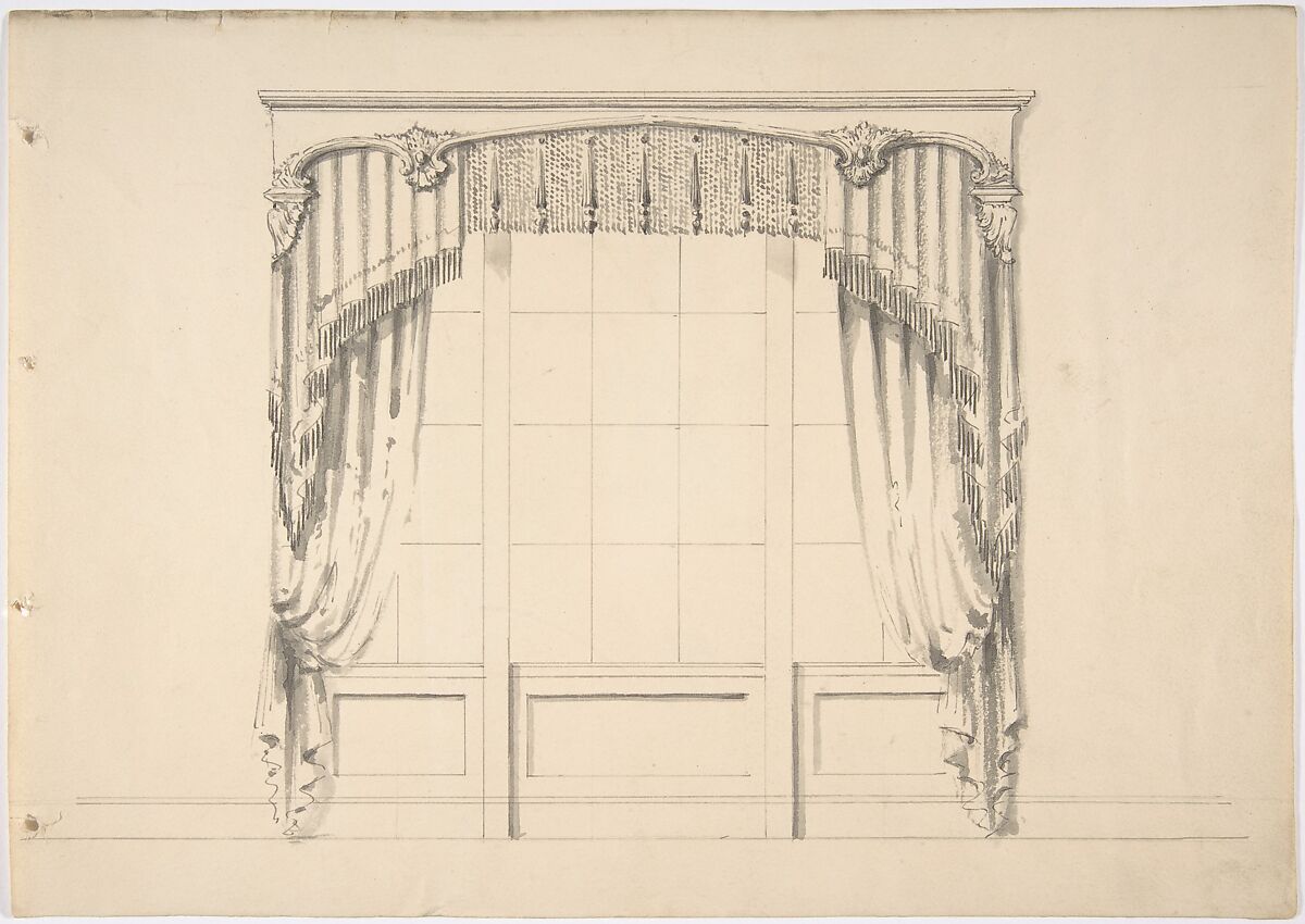 Design for Fringed Curtains, Anonymous, British, 19th century, Pen and ink, brush and wash 