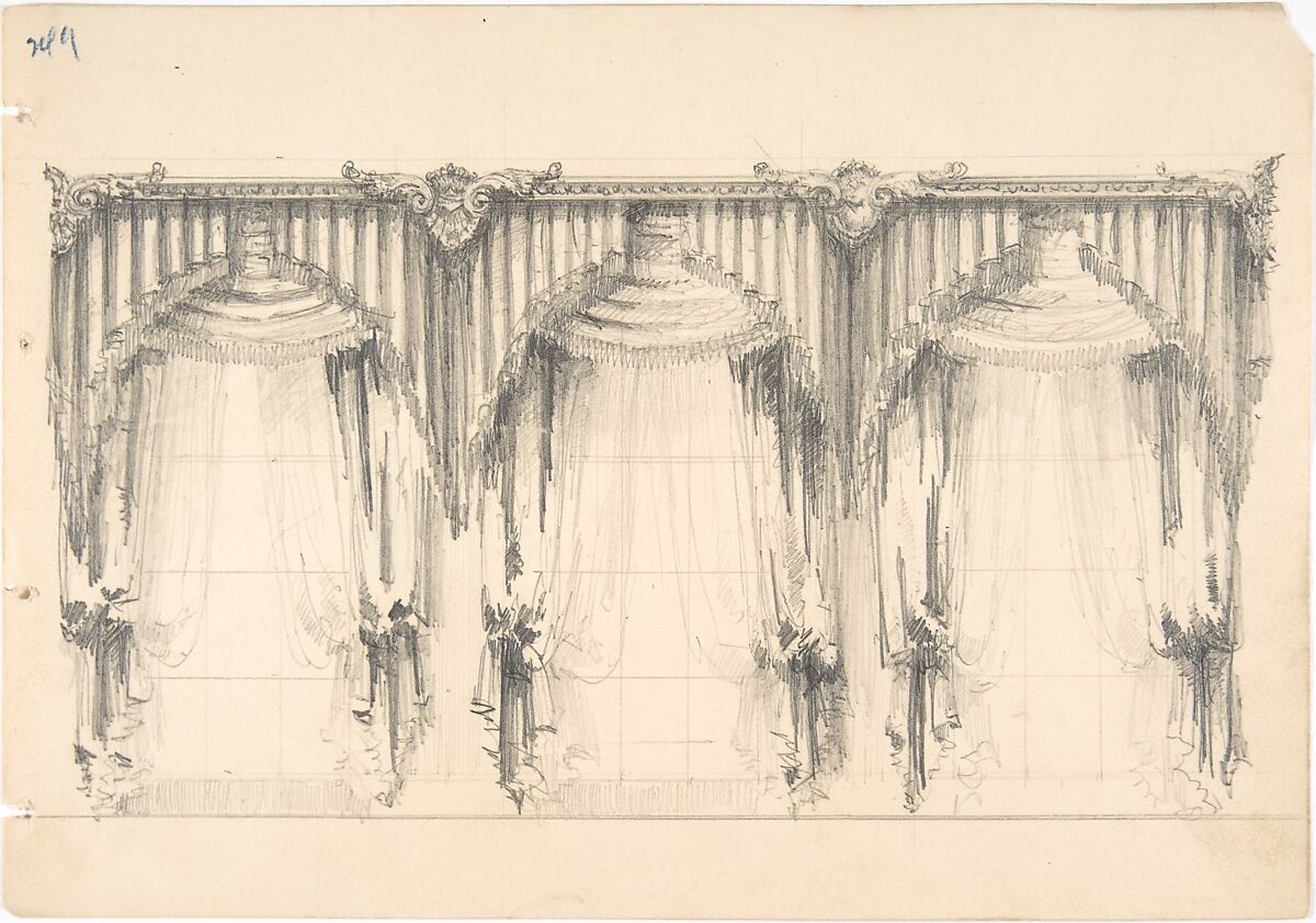 Design for Fringed, Pelmeted Curtains Hanging at Three Widows, Anonymous, British, 19th century, Graphite 
