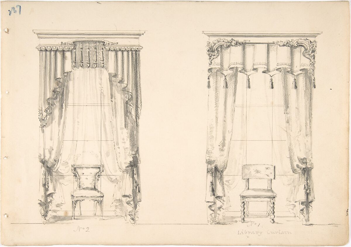 Design for Two Tasseled Curtains, Shown with Chairs, Anonymous, British, 19th century, Pen and ink, brush and wash 