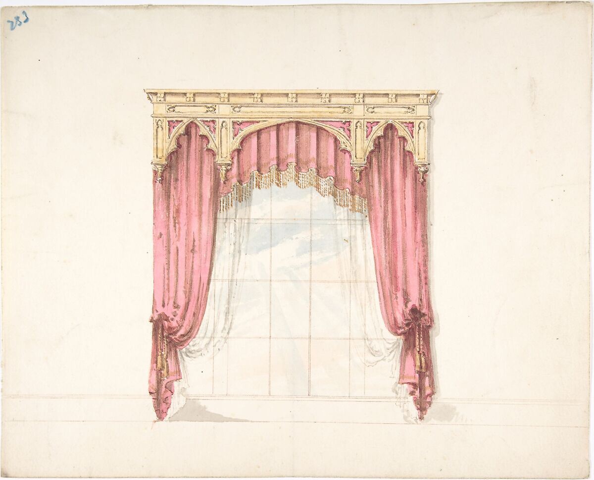 Design for Red Curtains with Gold Fringes and a Gold Gothic Pediment, Anonymous, British, 19th century, Pen and ink, brush and wash, watercolor 
