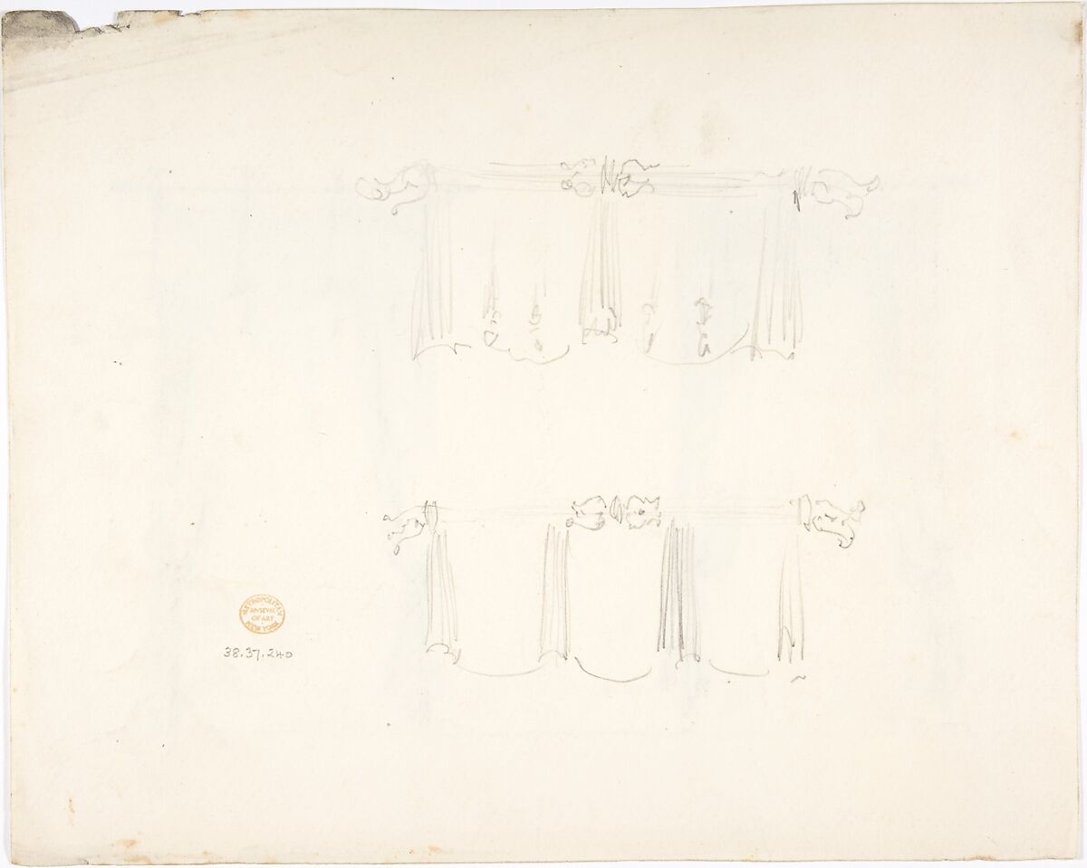 Design for Two Fringed Curtains Handing from Rods (Verso: Sketches), Anonymous, British, 19th century, Graphite