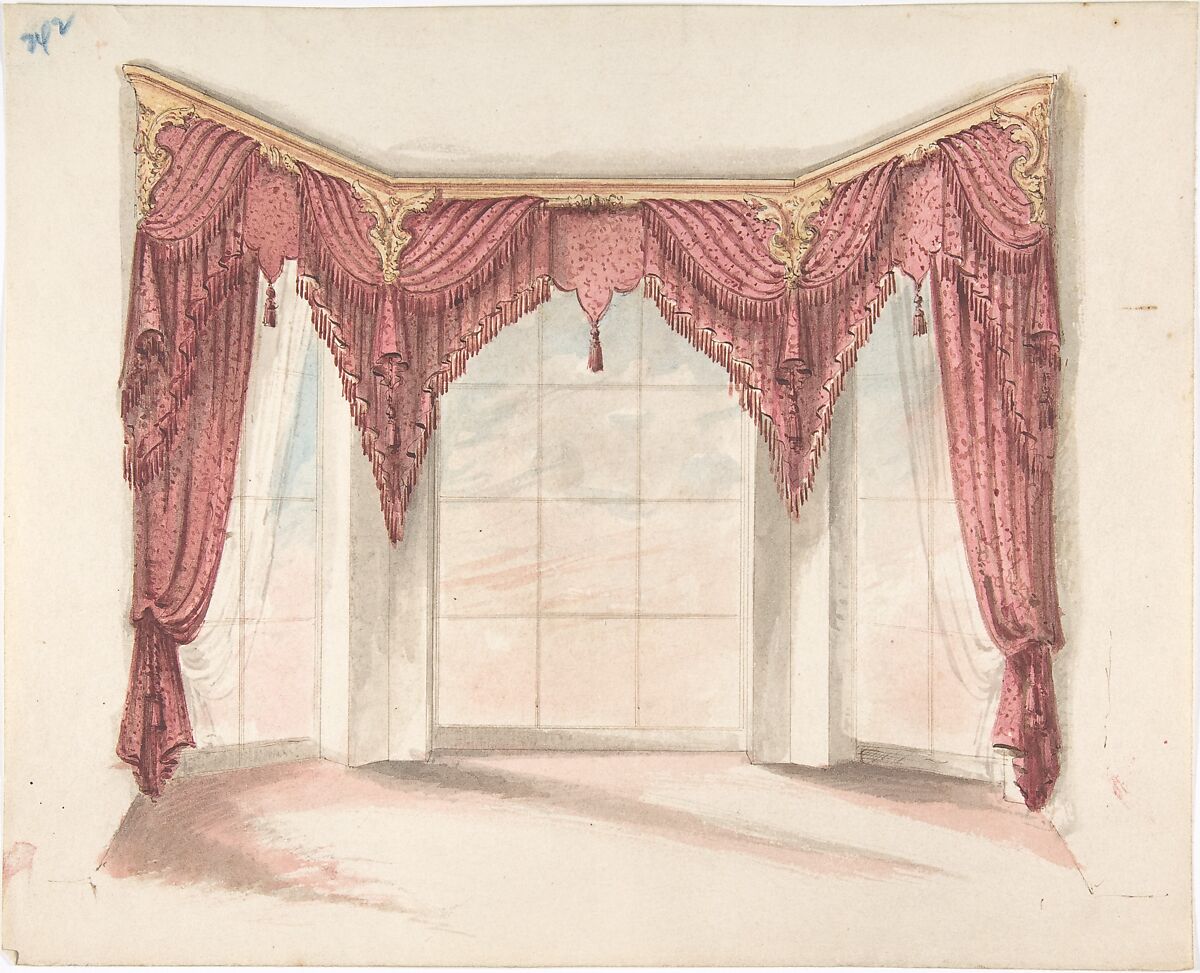Design for Red Curtains with Red Fringes and a Gold Pediment, Anonymous, British, 19th century, Pen and ink, brush and wash, watercolor 