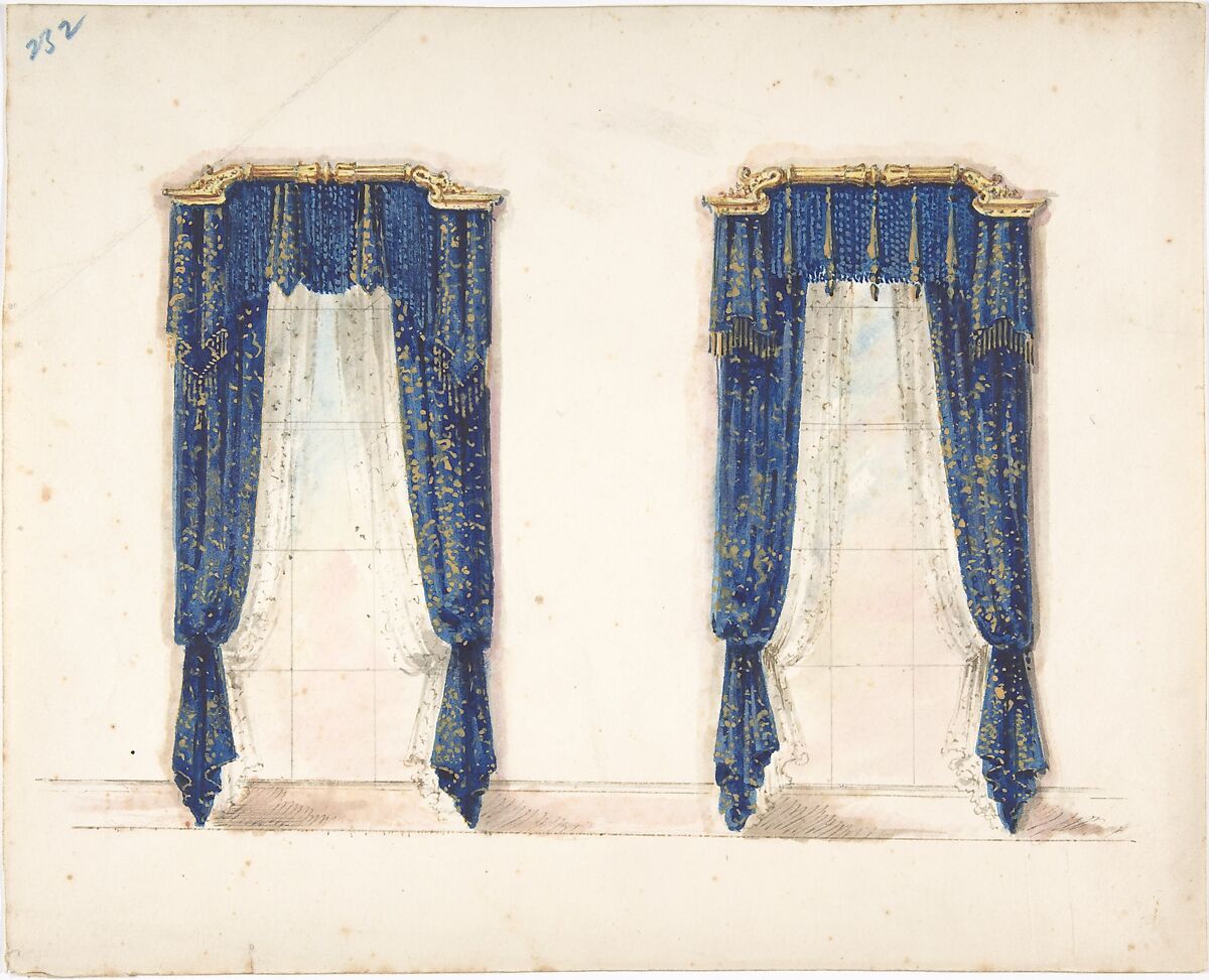 Design for Blue and Gold Curtains with Gold Fringes and a Gold Pediment, Anonymous, British, 19th century, Pen and ink, brush and wash, watercolor 
