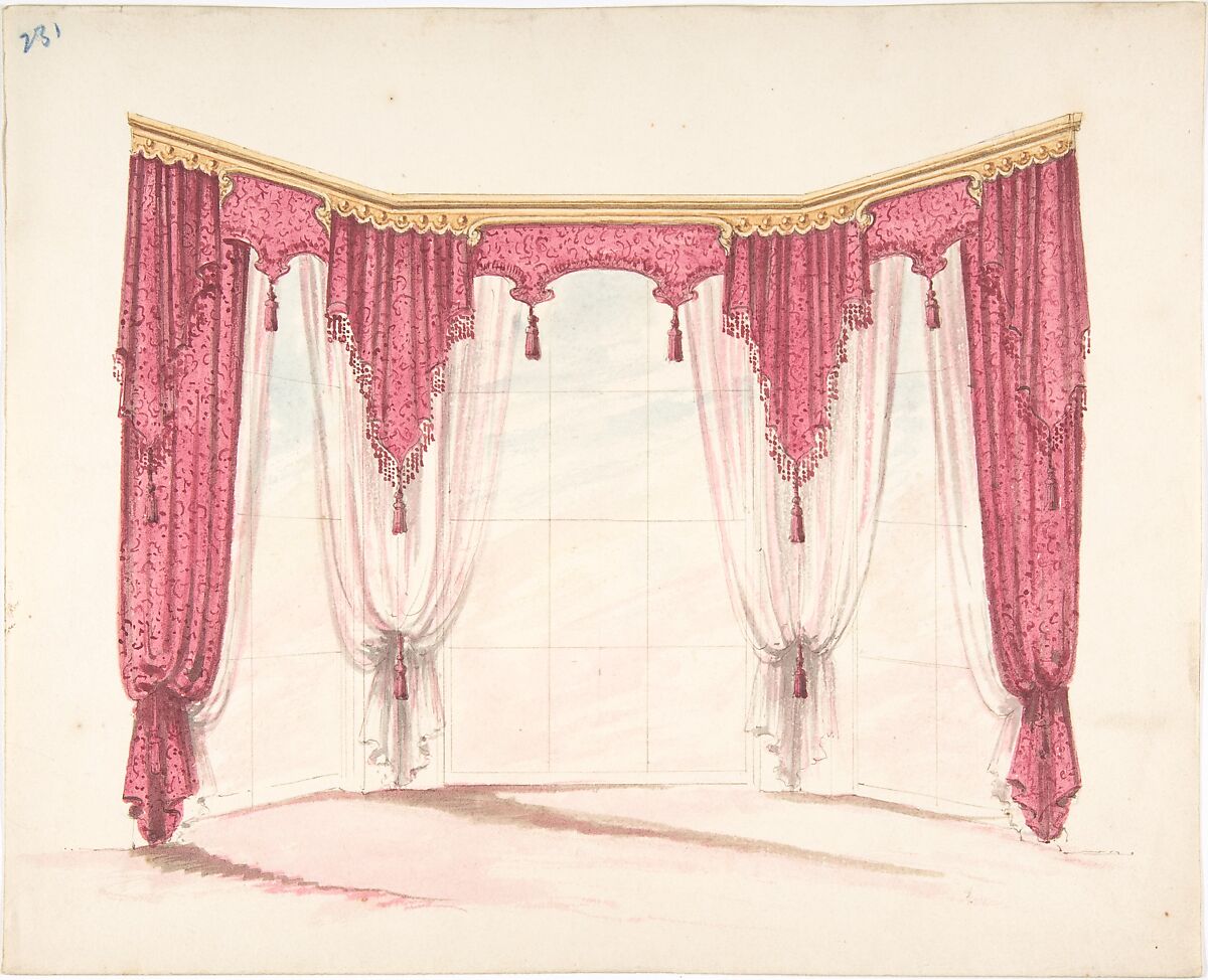 Design for Red Curtains with Red Fringes and a Gold Pediment, Anonymous, British, 19th century, Pen and ink, brush and wash, watercolor 